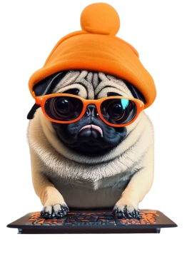 Cartoon pug wearing orange hat and glasses using a laptop